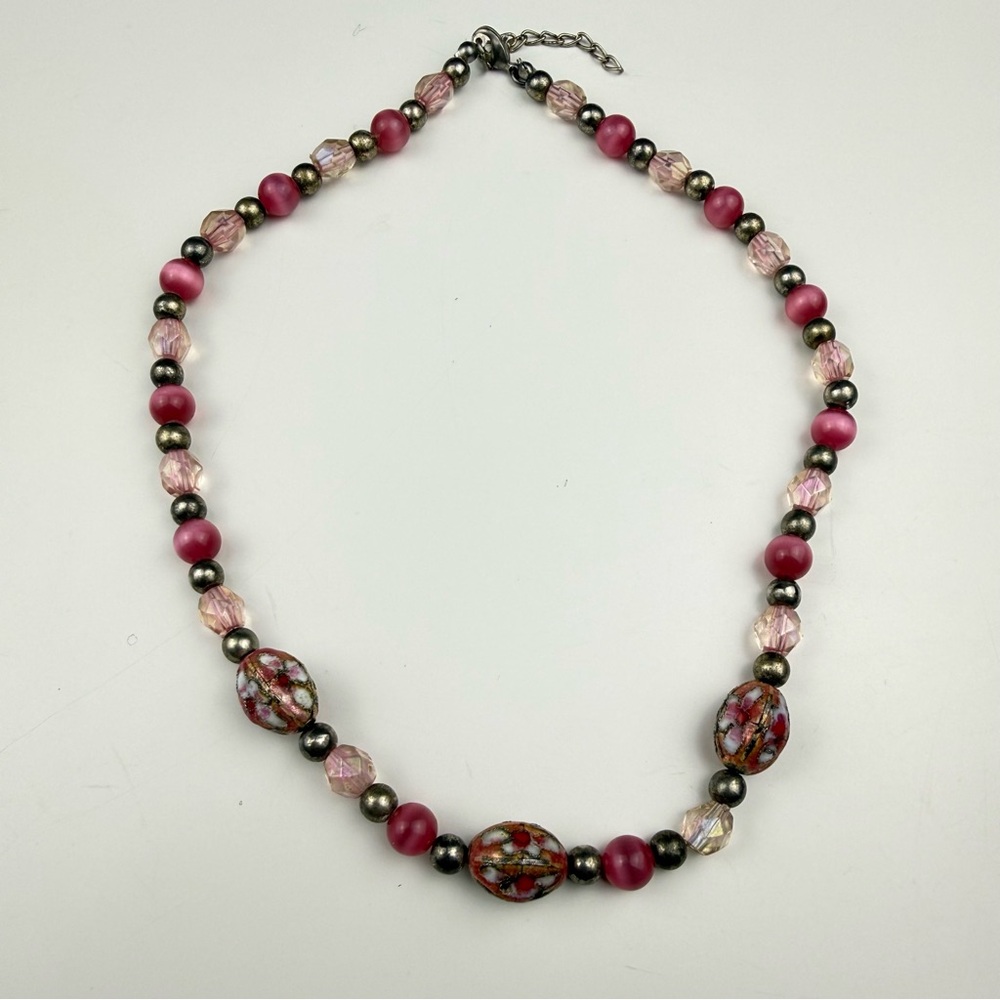 Vintage Rose Lampwork and Pink Glass Beaded Necklace 16”